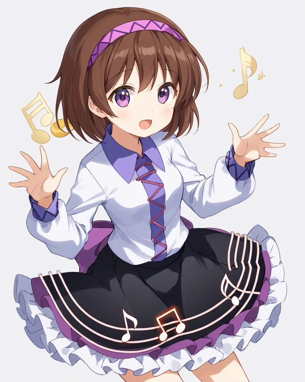 tsukumo yatsuhashi,1girl, solo, long_sleeves, open_mouth, white_background, simple_background, black_skirt, white_shirt, purple_hairband, eighth_note, beamed_eighth_notes, looking_at_viewer, instrument, quarter_note, frilled_skirt, beamed_sixteenth_notes, staff_\(music\), collared_shirt, holding, :d, music
<lora:tsukumo_yatsuhashi_image372_2023-12-20-000025:1>,star-shaped_pupils,symbol-shaped_pupils,. gorgeous,key visual, vibrant, studio anime,award-winning, professional, highly detailed,high budget, cinemascope