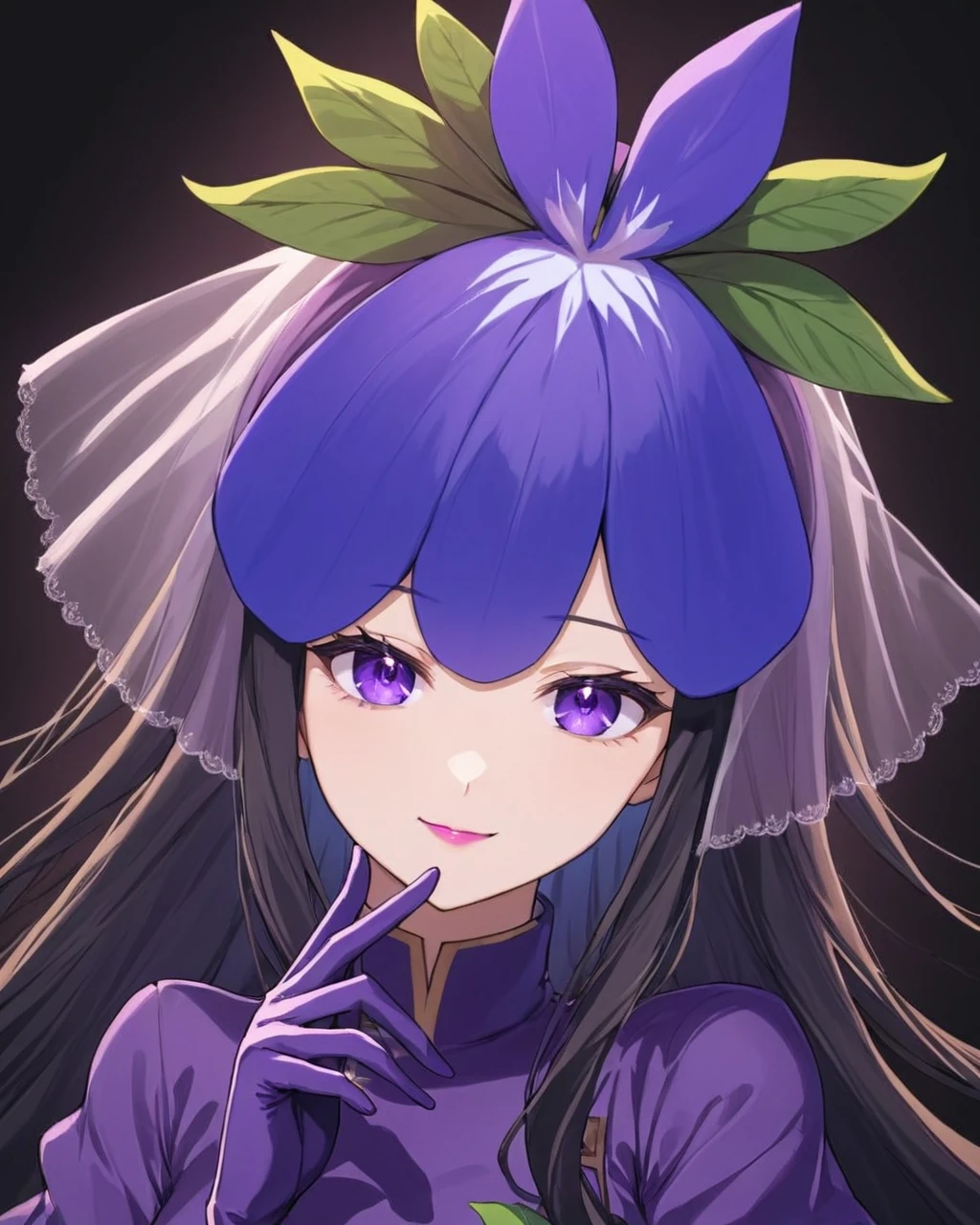 yomotsu hisami,1girl, solo, purple_gloves, looking_at_viewer, purple_lips, veil, smile, black_background, simple_background, flower, lipstick, upper_body, hand_up, parted_lips
<lora:yomotsu_hisami_image362_2023-12-20:1>,star-shaped_pupils,symbol-shaped_pupils,. gorgeous,key visual, vibrant, studio anime,award-winning, professional, highly detailed,high budget, cinemascope