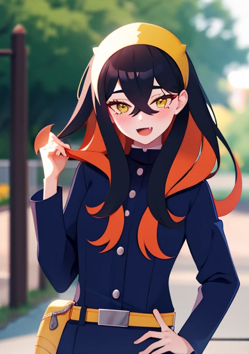 <lora:carmine:0.7>, carmine, 1girl, solo, long hair, looking at viewer, blush, smile, open mouth, bangs, black hair, long sleeves, hair between eyes, jacket, yellow eyes, upper body, multicolored hair, sweat, outdoors, fang, belt, orange hair, mole, blurry, two-tone hair, hand on hip, mole under eye, blurry background, holding hair