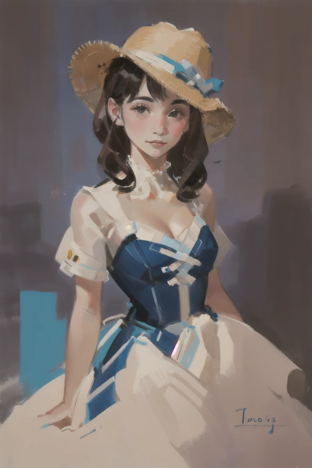 <lora:Cute_paint-000003:.8>
a painting of a woman wearing a hat and a dress with a blue stripe on it's chest,dgital portrait, a digital painting, impressionism