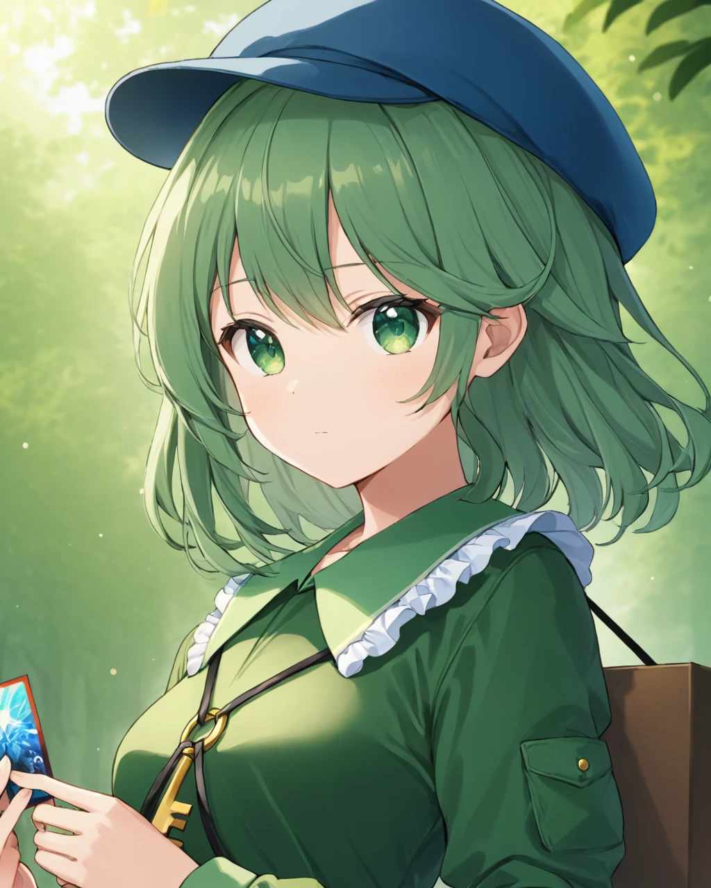 yamashiro takane,1girl, solo, holding_card, looking_at_viewer, upper_body, frilled_shirt_collar, artist_name, flat_cap, green_headwear, blurry_background, closed_mouth, green_shirt, outdoors, long_sleeves, collarbone, blue_headwear, jacket
<lora:yamashiro_takane_image489_2023-12-20-000015:1>,star-shaped_pupils,symbol-shaped_pupils,. gorgeous,key visual, vibrant, studio anime,award-winning, professional, highly detailed,high budget, cinemascope