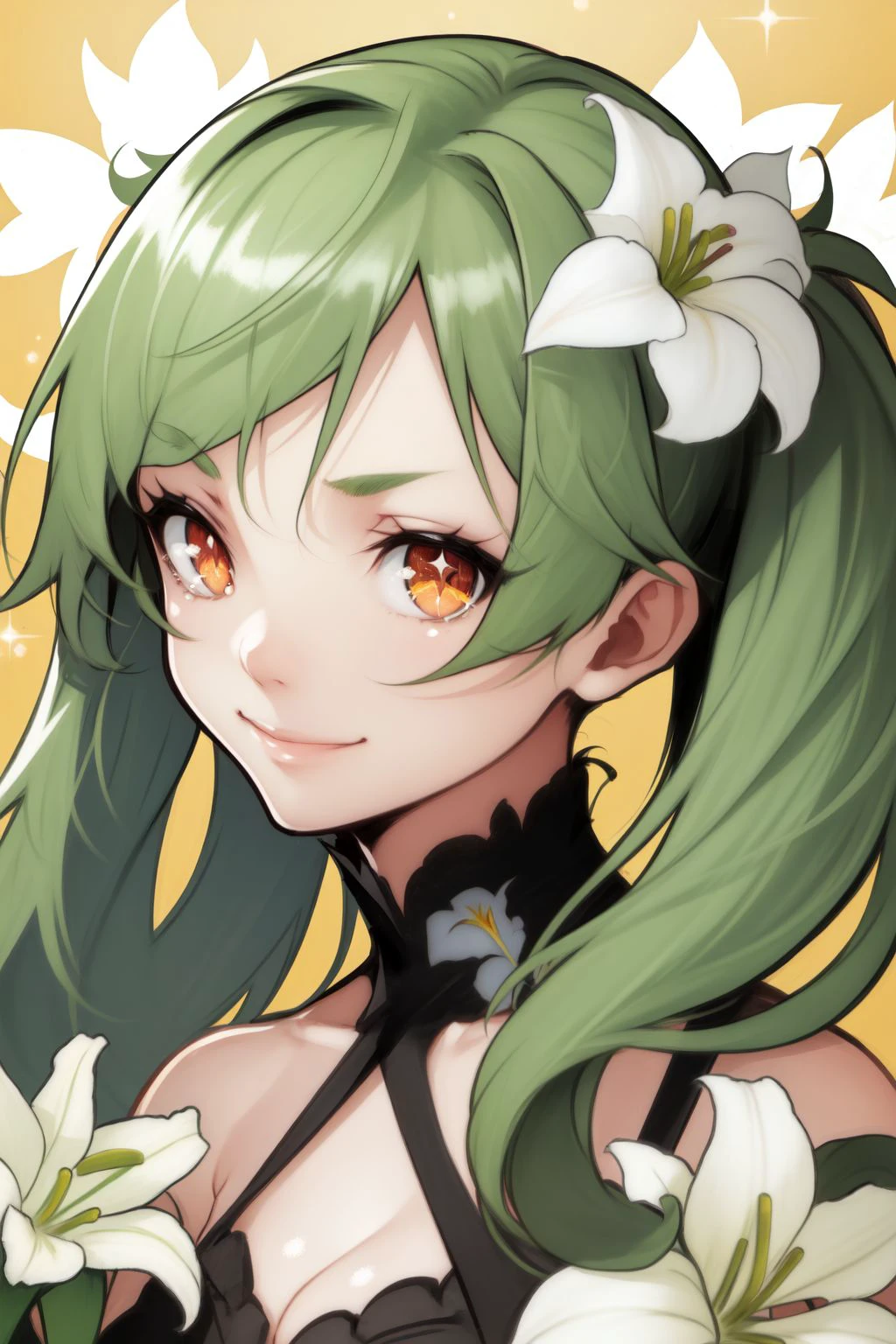 portrait, solo, 1girl, looking to the side, smile, breasts, green hair, uneven twintails, orange eyes, beautiful detailed face, glitter particles, Lily \(flower\), floral background <lora:Yoshio_(55level)_style_v01.10.005-2:1>