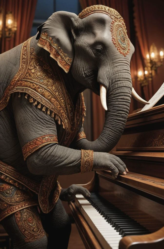 (extremely detailed, realistic, perfect lighting, vibrant colors,intricate details) an elephant playing piano
<lora:RMSDXL_Enhance:.48> <lora:add-detail-xl:0.8>, <lora:RMSDXL_Darkness_Cinema:1> <lora:RealDownblouseXL2:0.15>