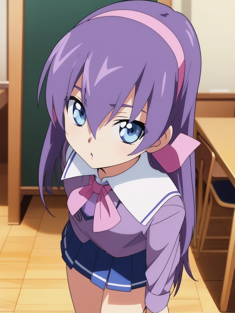 <lora:Lou_Roux:0.8>, Lou Roux, blue_eyes, purple_hair, long_hair, hair_ribbon, hairband, school uniform, mini_skirt,
school in the room,