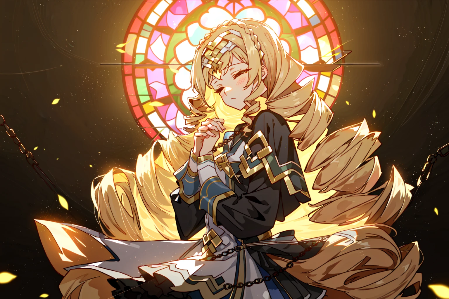 lidica_\(epic_seven\), solo, looking at viewer, facing viewer, expressionless, closed mouth, closed eyes, drill hair,
light particles, floating hair, chain, chained, own hands together, looking down,
church, stained glass,
cowboy shot, from side, masterpiece, best quality,
<lora:lidica_lora:1>