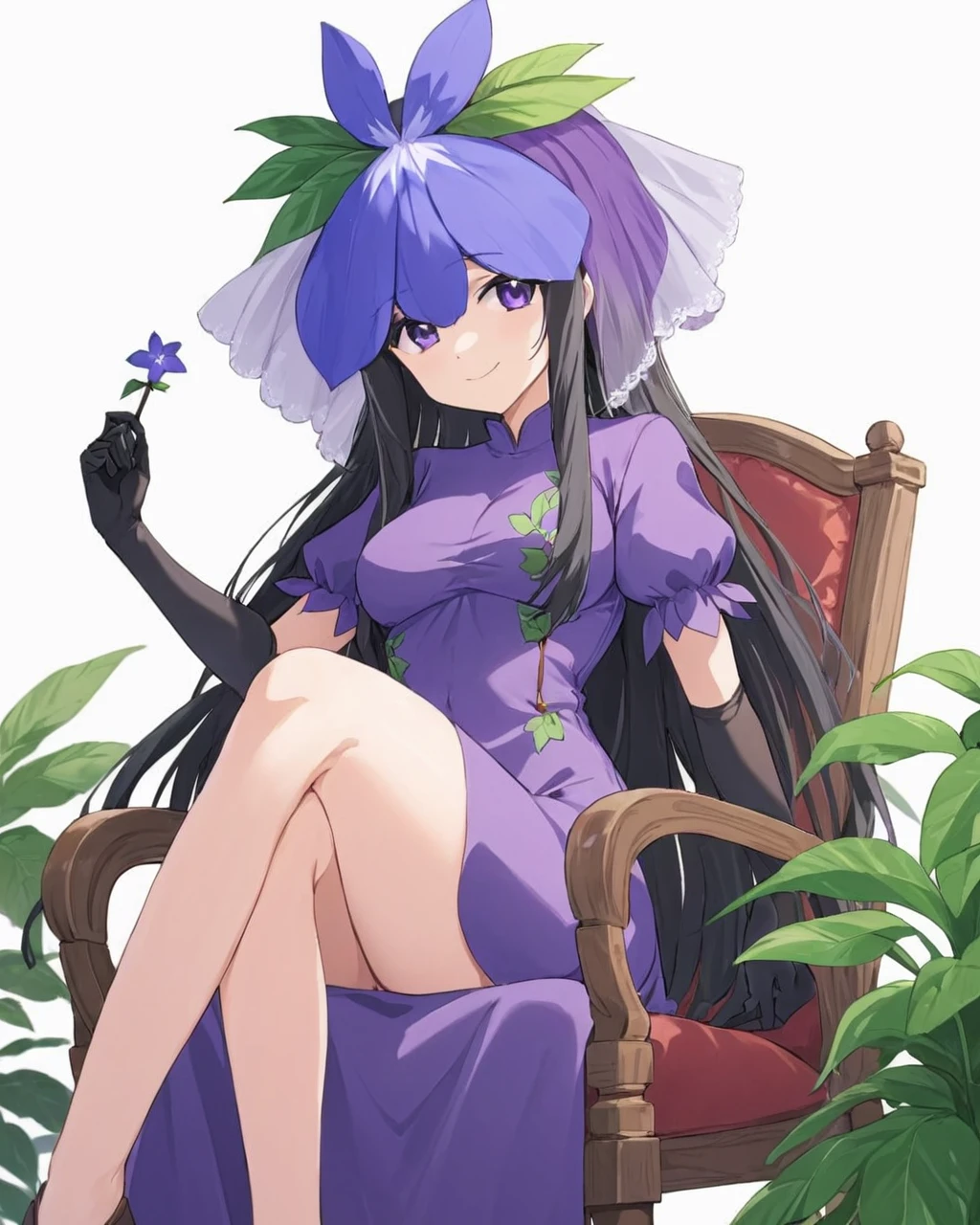 yomotsu hisami,1girl, sitting, solo, elbow_gloves, crossed_legs, smile, purple_dress, black_gloves, white_background, simple_background, hair_flower, chair, purple_flower, closed_mouth, feet_out_of_frame, veil, breasts, puffy_short_sleeves, plant, floral_print
<lora:yomotsu_hisami_image362_2023-12-20:1>,star-shaped_pupils,symbol-shaped_pupils,. gorgeous,key visual, vibrant, studio anime,award-winning, professional, highly detailed,high budget, cinemascope