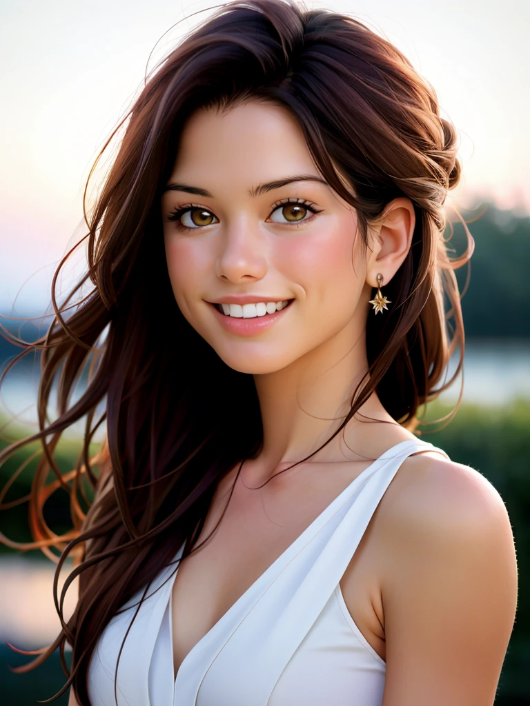 Realistic photo of a beautiful rh0n4m woman, 1girl,solo,long hair,looking at viewer,smile,brown hair,bare shoulders,brown eyes,collarbone,upper body,teeth,grin,lips,realistic, soft lighting, professional Photography, Photorealistic, detailed, RAW, analog, sharp focus, 8k, HD, high quality, masterpiece<lora:rh0n4m:1.0>