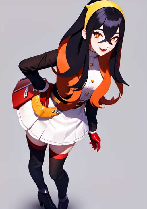 <lora:carmine:0.7>, carmine, 1girl, solo, long hair, looking at viewer, smile, open mouth, bangs, skirt, simple background, black hair, thighhighs, gloves, white background, hair between eyes, jewelry, standing, full body, yellow eyes, red hair, multicolored hair, earrings, boots, elbow gloves, white gloves, orange hair, high heels, zettai ryouiki, orange eyes, hand on hip, cosplay, thigh boots, white skirt, high heel boots,
