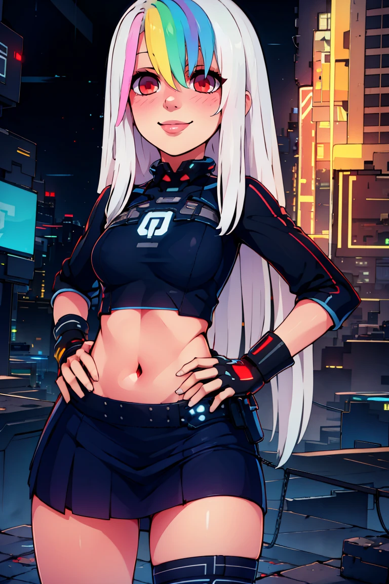 ((masterpiece,best quality)), absurdres, <lora:Roxy_Citron_OC_AnyLora:0.8>, Roxy_Citron_OC, 1girl, solo, red eyes, white hair, rainbow hair, long hair, streaked hair, hair between eyes, smile, cyberpunk, neon lights, glowing clothes, skirt, tech clothes, cowboy shot, hand on hips, tron legacy outfit,