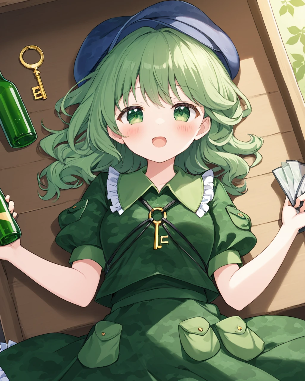 yamashiro takane,1girl, short_sleeves, green_skirt, open_mouth, camouflage, green_shirt, solo, sleeping, bottle, key, on_back, frilled_shirt_collar, green_dress, signature, puffy_sleeves, pocket, flat_cap, blush, grapes, frilled_skirt, bag, gloves
<lora:yamashiro_takane_image489_2023-12-20-000015:1>,star-shaped_pupils,symbol-shaped_pupils,. gorgeous,key visual, vibrant, studio anime,award-winning, professional, highly detailed,high budget, cinemascope