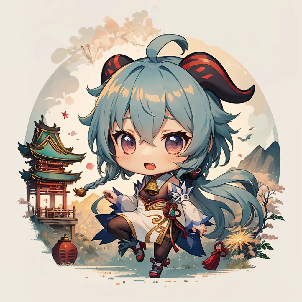 ganyudef, (curtsey:1.3), firework festival background, (sfw), chibi, <lora:Ink scenery:0.8>, <lora:ganyu2:0.8>