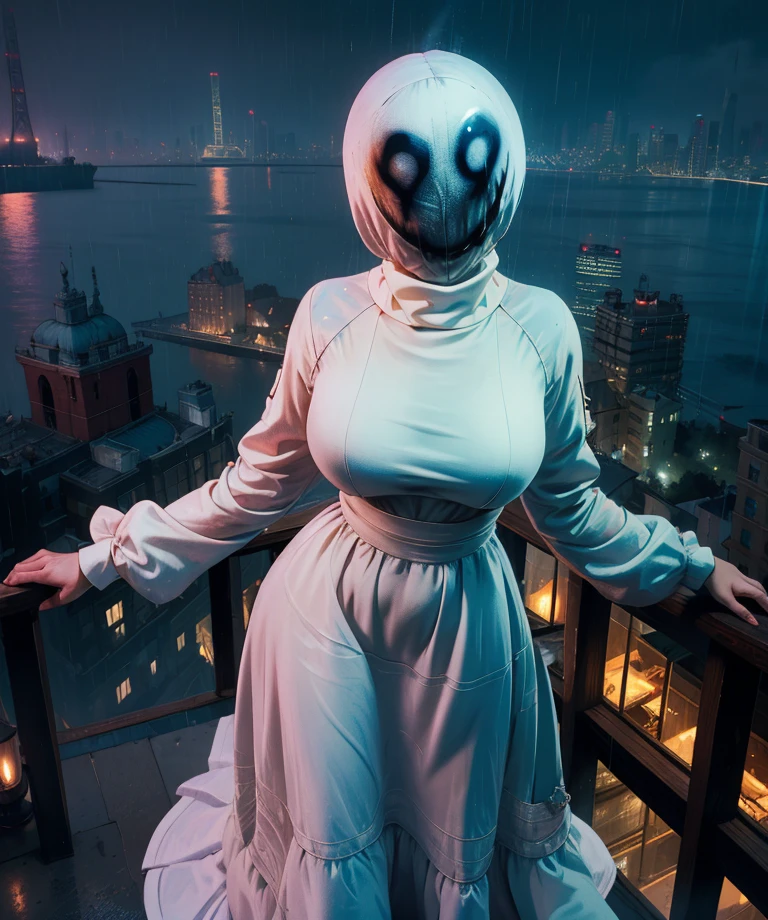 shnedncrs,ghost costume,faceless female,
large white dress.,turtleneck,long sleeves,
night,cityscape,floating,in air, rain,  
(insanely detailed, masterpiece, best quality),
solo,dynamic_angle,<lora:ShineDancers:0.8>,