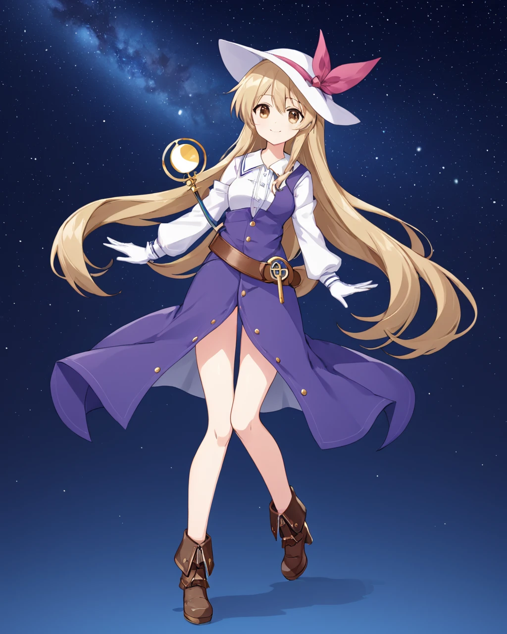 watatsuki no toyohime,1girl, solo, crescent_moon, long_sleeves, white_headwear, hat_ribbon, full_body, looking_at_viewer, purple_dress, closed_mouth, smile, white_gloves, high_heel_boots, star_\(sky\), white_shirt, holding_fan, folding_fan, knee_boots, brown_footwear, standing, starry_sky, night_sky, black_footwear, skirt_hold, red_ribbon, brown_belt
<lora:watatsuki_no_toyohime_image378_2023-12-20:1>,star-shaped_pupils,symbol-shaped_pupils,. gorgeous,key visual, vibrant, studio anime,award-winning, professional, highly detailed,high budget, cinemascope