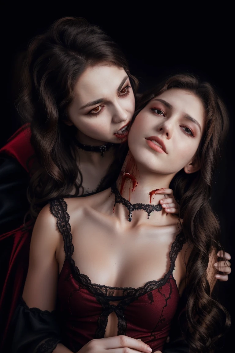 realistic vampire drinking blood from age girl's neck, detailed face and body, dramatic lighting, dark gothic atmosphere, cinematic composition, moody colors, horror vibes, chiaroscuro lighting, dramatic shadows, highly detailed anatomy, visceral and gritty, skin texture, blood dripping, intense expressions, dramatic camera angle, ominous background, hyper-realistic, 8k, photo-realistic, masterpiece