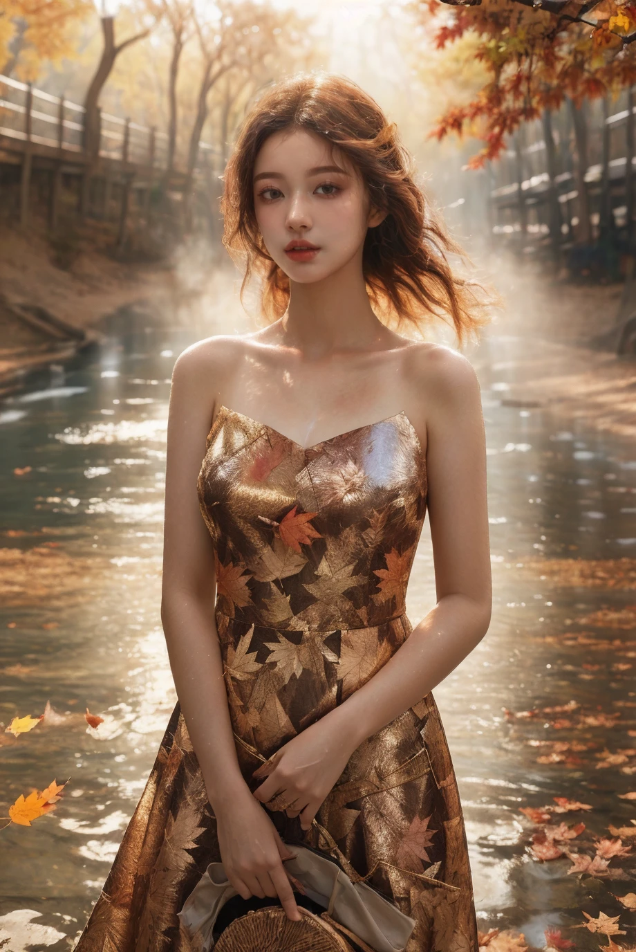 (fashion magazine cover:1.2),(full-size photograph:1.2),(a beautiful and delicate girl:1.2),gorgeous formal attire,(fashion design:1.1),a tender and watery gaze,elegant,
((Dadaism)),(creek:1.2),(free wind:1.1),(mist:1.1),warm and delicate sunshine,<lora:maple leafðå¶è½ç°å¢_v1.0:0.77>,(ð:1.1),