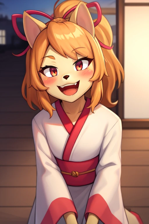 ketsukaneceroba, hair ribbon, furry, kimono, pov, looking at viewer, smiling, blush, open mouth, upper teeth only