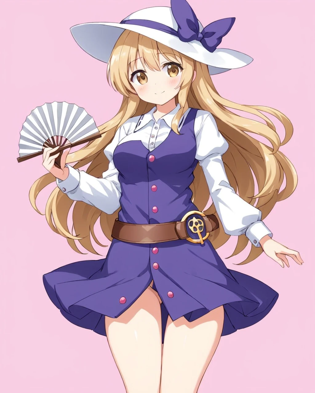 watatsuki no toyohime,1girl, solo, purple_dress, white_headwear, buttons, white_shirt, hat_ribbon, hat_bow, single_strap, holding_fan, belt, closed_mouth, collared_shirt, purple_bow, smile, medium_breasts, purple_ribbon, juliet_sleeves, pinafore_dress, folding_fan, thighs, border, blush
<lora:watatsuki_no_toyohime_image378_2023-12-20:1>,star-shaped_pupils,symbol-shaped_pupils,. gorgeous,key visual, vibrant, studio anime,award-winning, professional, highly detailed,high budget, cinemascope