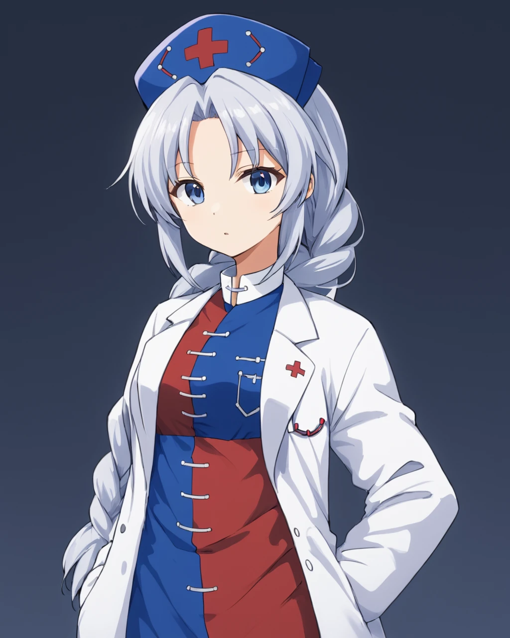 yagokoro eirin,1girl, solo, labcoat, nurse_cap, hands_in_pockets, red_cross, open_mouth, blue_dress, multicolored_dress, single_braid, blue_headwear, red_dress, sidelocks, looking_to_the_side, open_coat, cowboy_shot, white_coat
<lora:yagokoro_eirin_image2417_2023-12-20-000010:1>,star-shaped_pupils,symbol-shaped_pupils,. gorgeous,key visual, vibrant, studio anime,award-winning, professional, highly detailed,high budget, cinemascope