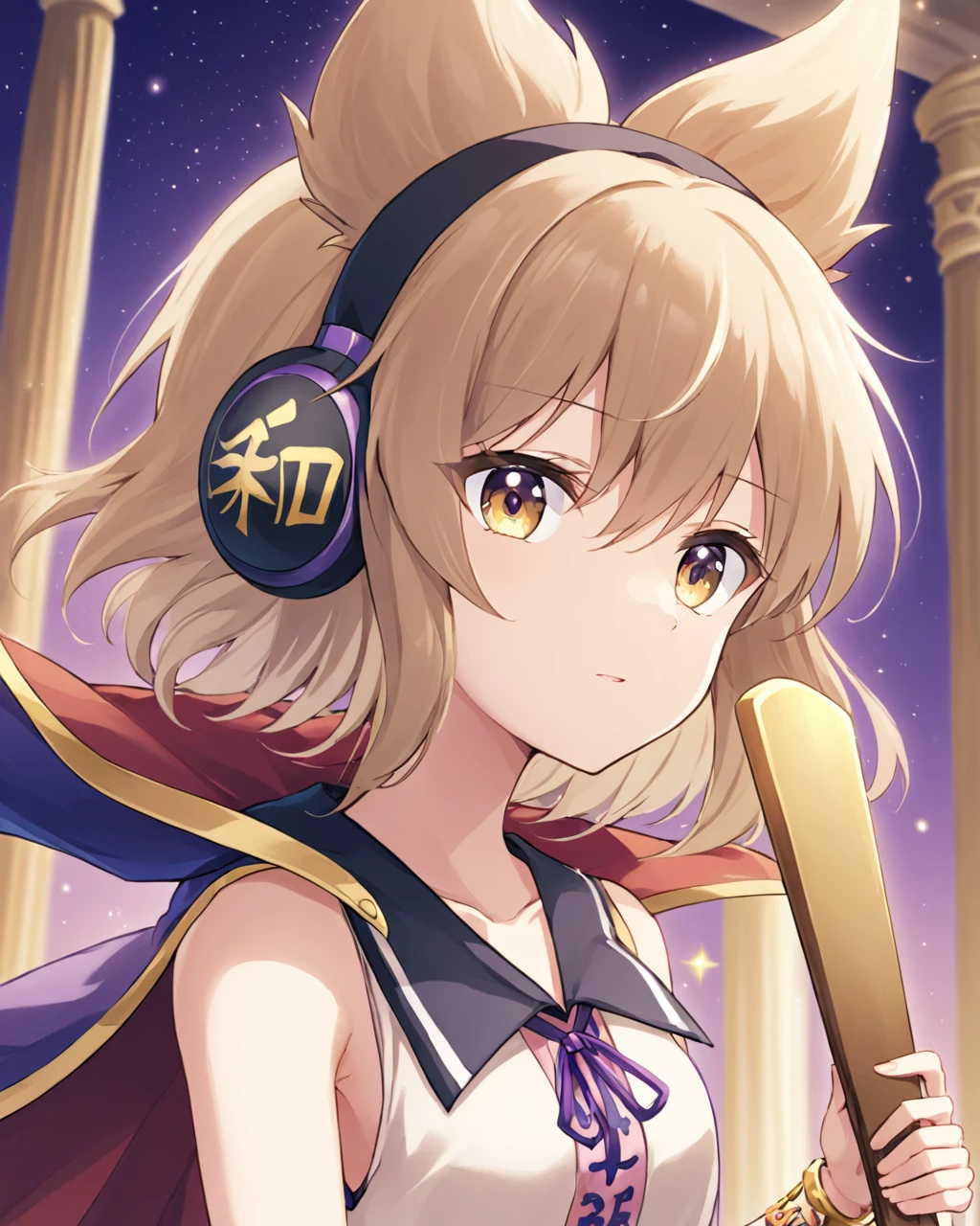 toyosatomimi no miko,1girl, solo, looking_at_viewer, upper_body, earmuffs, sleeveless, purple_cape, bare_shoulders, parted_lips, holding, ritual_baton, bracelet, blurry, collarbone, column, shirt
<lora:toyosatomimi_no_miko_image4798_2023-12-20-000009:1>,star-shaped_pupils,symbol-shaped_pupils,. gorgeous,key visual, vibrant, studio anime,award-winning, professional, highly detailed,high budget, cinemascope