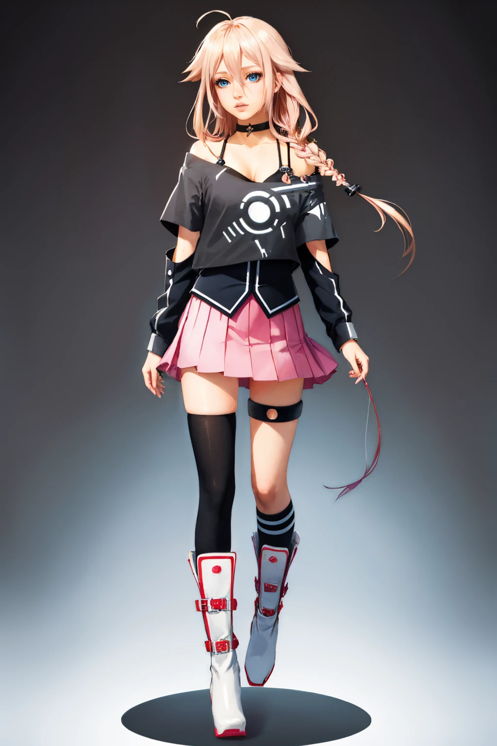 (masterpiece, best quality:1.2), gradient background, solo, 1girl, vocaloidia, parted lips, ahoge, twin braids, black shirt, off shoulder, skirt, asymmetrical legwear, single thighhigh, thigh strap, boots, choker <lora:vocaloid_ia-10:1>