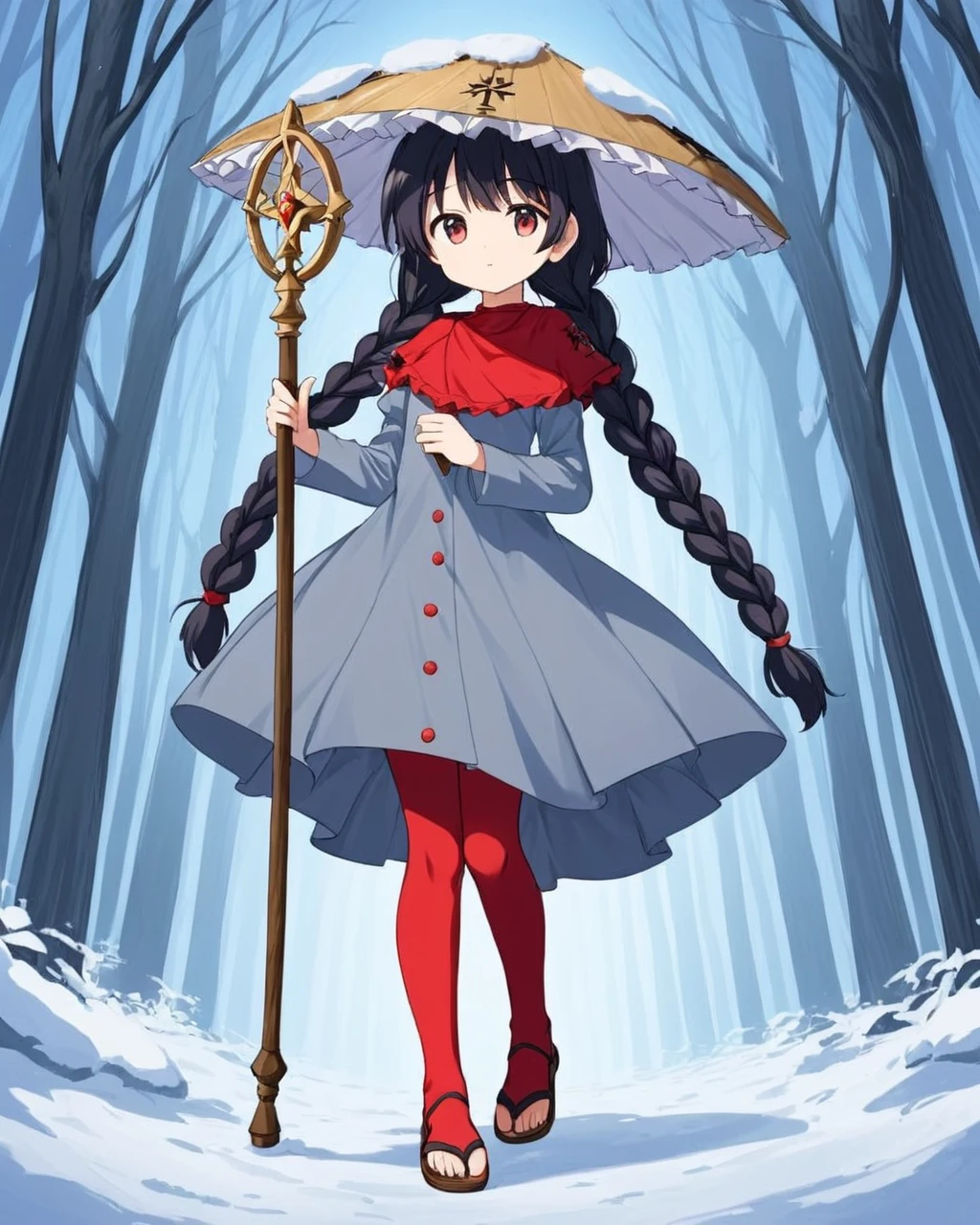 yatadera narumi,1girl, solo, ajirogasa, twin_braids, snow, long_sleeves, looking_at_viewer, holding, red_capelet, sandals, grey_dress, staff, forest, buttons, full_body, bare_tree, red_socks, dutch_angle
<lora:yatadera_narumi_image528_2023-12-20:1>,star-shaped_pupils,symbol-shaped_pupils,. gorgeous,key visual, vibrant, studio anime,award-winning, professional, highly detailed,high budget, cinemascope