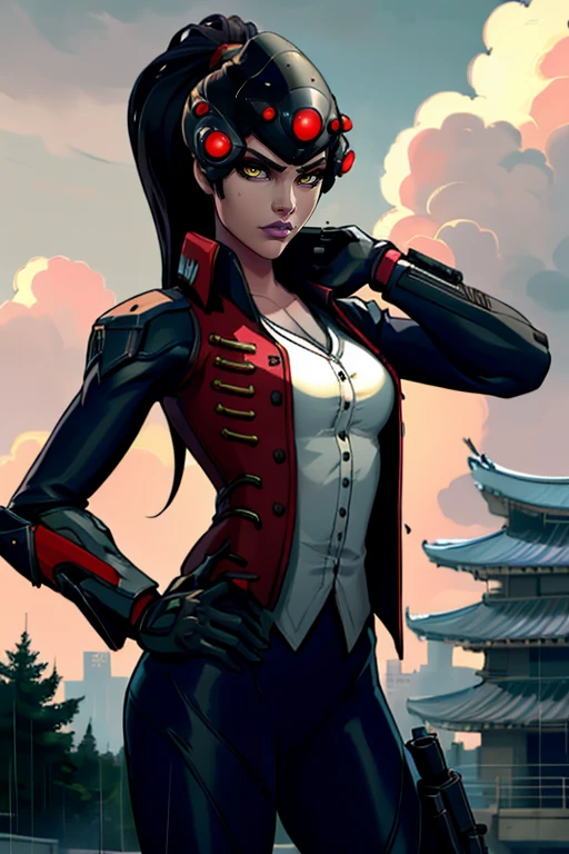 masterpiece,best quality,extreme detail,8k,image sharpness,<lora:widowmaker-10:0.8> widow2, 1girl, solo, long hair, breasts, looking at viewer, black hair, holding, medium breasts, jacket, yellow eyes, ponytail, weapon, purple hair, cowboy shot, outdoors, sky, cloud, armor, official alternate costume, lips, coat, hand on hip, gun, bodysuit, makeup, colored skin, cloudy sky, lipstick, building, holding gun, rifle, rain, aircraft, architecture, east asian architecture, sniper rifle, head-mounted display, helicopter