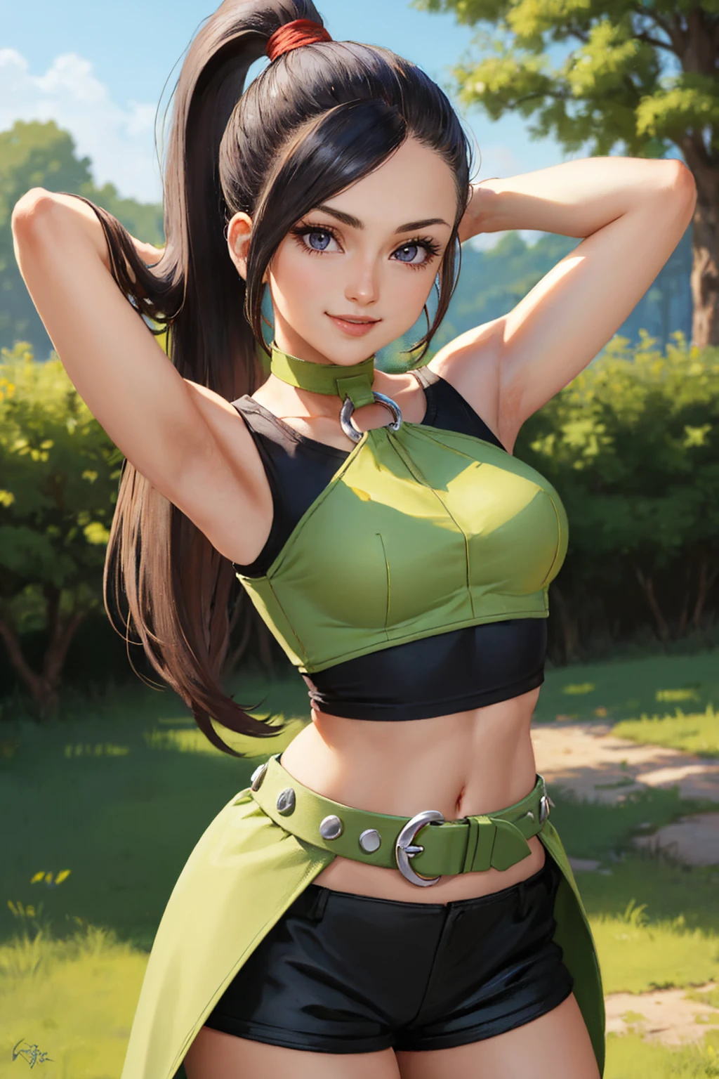 (masterpiece, best quality:1.2), solo, 1girl, dq11martina, smile, arms behind head, high ponytail, crop top, o-ring, shorts, choker, belt, bare shoulders, midriff <lora:dq11_martina-10:1>