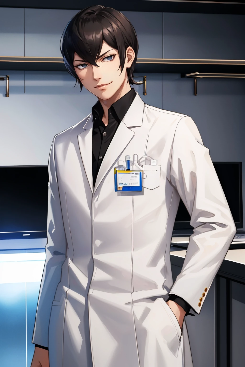 masterpiece, best quality, laboratory, smirk
 <lora:zs_Sheffield:1> sheffielddds, black shirt, labcoat, white pants