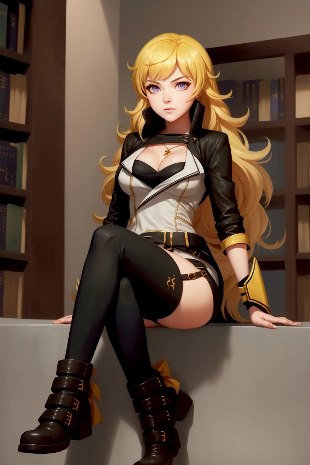 masterpiece,best quality,CG,wallpaper,HDR,high quality,high-definition,extremely detailed,(1girl), purple eyes, yellow hair, absurdly long hair, large breasts, <lora:YangHunter-05:1>, (yanghntr), (jacket), bowsthighhighs, garter straps, ahoge, belt, boots, black skirt, library, purple bandana, ember celica \(rwby\), gauntlets,sitting,