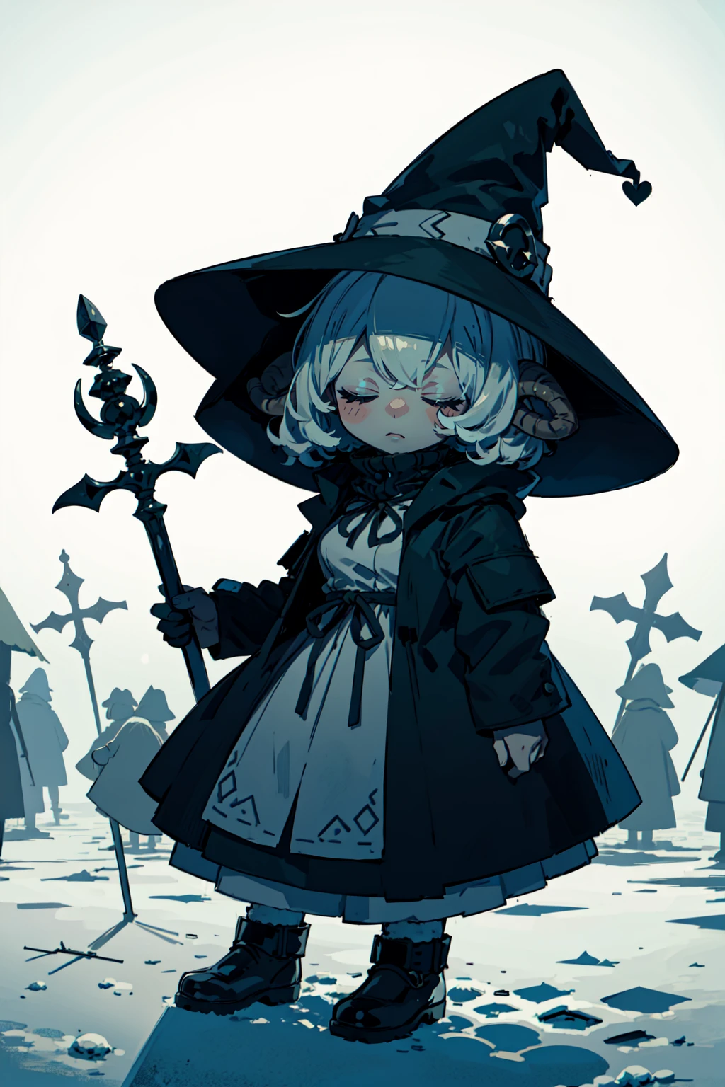 chibi female, short grey hair, hair completely covering eyes, lovely medium breasts, hooded jacket, fur-trimmed dress, (witch hat), witch girl, two sheep horns, BREAK alley, festival, (in crowd), (fantasy, medieval, ancient), , winter, snow, snowing, white particles, (best quality:1.1), <lora:DarkLighting:0.5>, silhouette, dark theme,