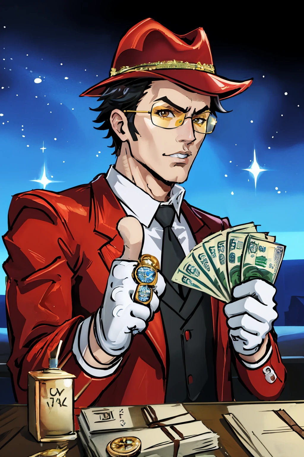 (masterpiece, best quality:1.2), <lora:gangstersb:.85>, gangstersb, 1boy, solo, looking at viewer, upper body, money, holding, holding money, thumbs up, hat, suit, jewelry, necktie, <lora:nmh_travistouchdown:0.8> travis touchdown, sunglasses, red jacket, gloves,
