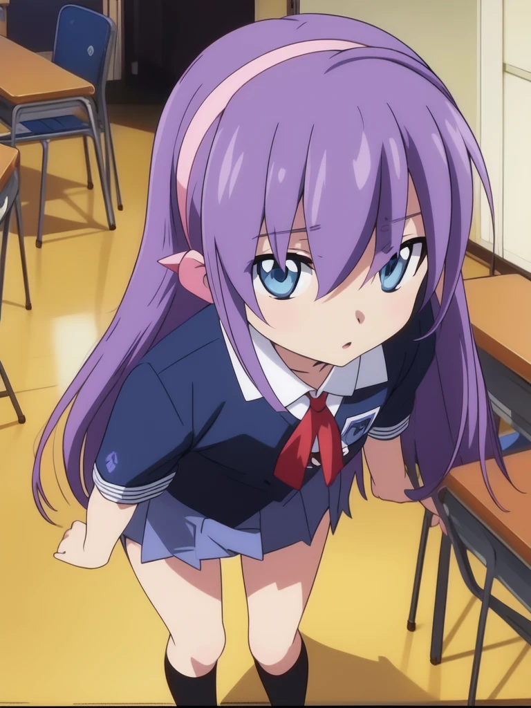 <lora:Lou_Roux:0.8>, Lou Roux, blue_eyes, purple_hair, long_hair, hair_ribbon, hairband, school uniform, mini_skirt, 
school in the room,