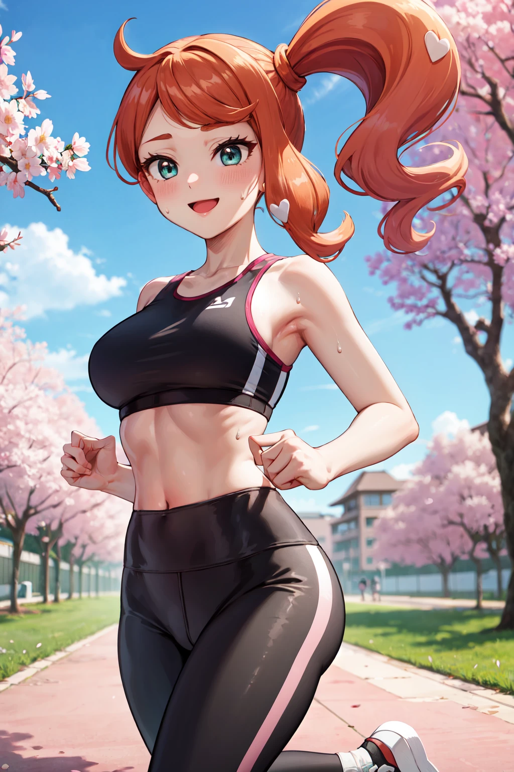 masterpiece,best quality,highres,ultra-detailed,aasonia,eyelashes,long hair,side ponytail,heart hair ornament,<lora:sonia_(pokemon):0.8>,sports bra,(leggings:1.2),outdoors,cherry blossoms,smile,sweat,running,