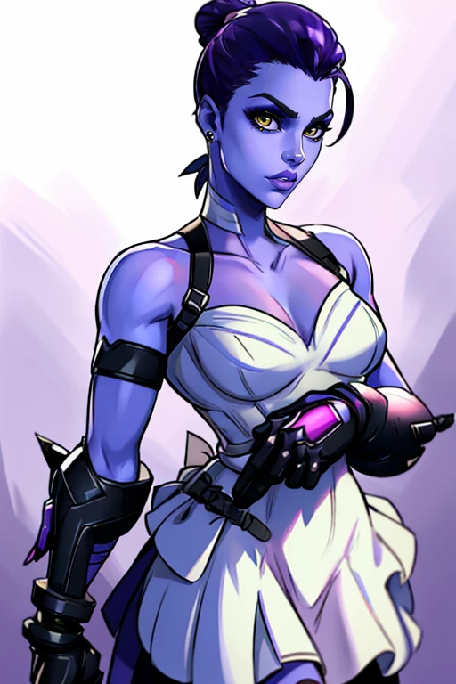 masterpiece,best quality,extreme detail,8k,image sharpness,<lora:widowmaker-10:0.8> widow2, 1girl, solo, looking at viewer, gloves, dress, ribbon, bare shoulders, jewelry, yellow eyes, purple hair, cowboy shot, earrings, parted lips, alternate costume, artist name, hair bun, white dress, official alternate costume, lips, gradient, gradient background, makeup, colored skin, bandages, single hair bun, lipstick, purple background, nose, stud earrings, purple skin, hair pulled back, purple lips, head-mounted display