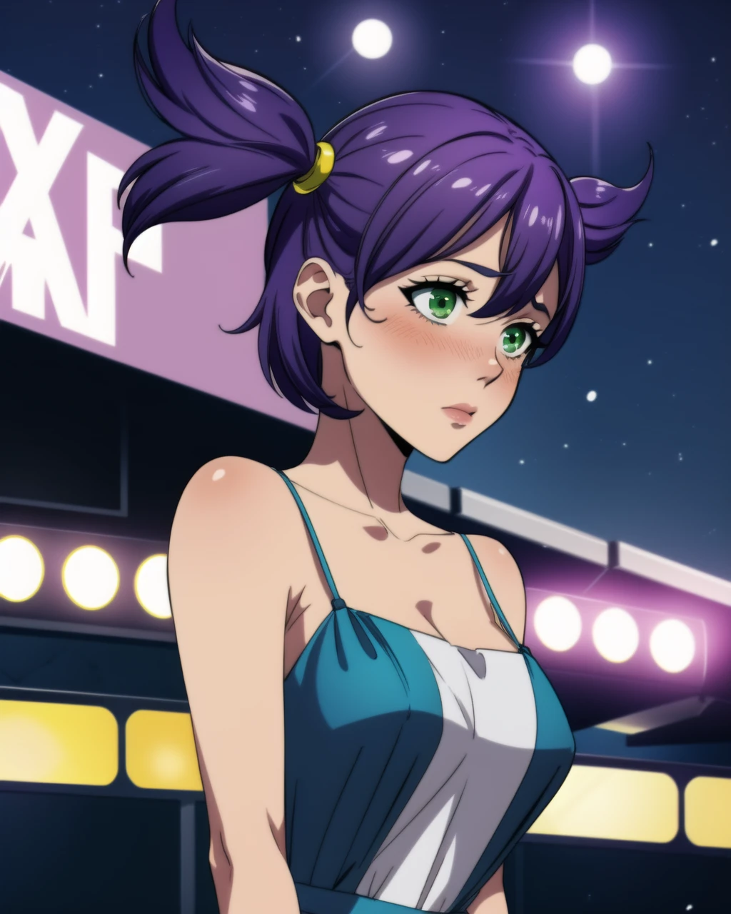masterpiece, high quality, 1girl, bllena, medium shot, upper body, green eyes, purple hair, twintails, white with blue dress, yellow hairpin, (dynamic pose), shy, blush, outdoors, night club, <lora:bllena-000006:0.75>, <lora:add_detail:0.5>