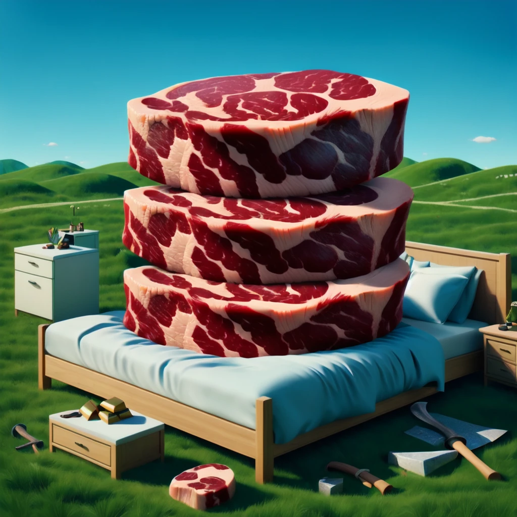 <lora:steak_v1:0.7>,shirt, weapon, outdoors, food, sky, day, cloud, blue sky, pillow, book, no humans, on bed, mountain, fantasy, sand, door, axe, bedroom, landscape, stick, still life, cube, rug, treasure chest, pickaxe, HLSWB, blue jewelry, meat