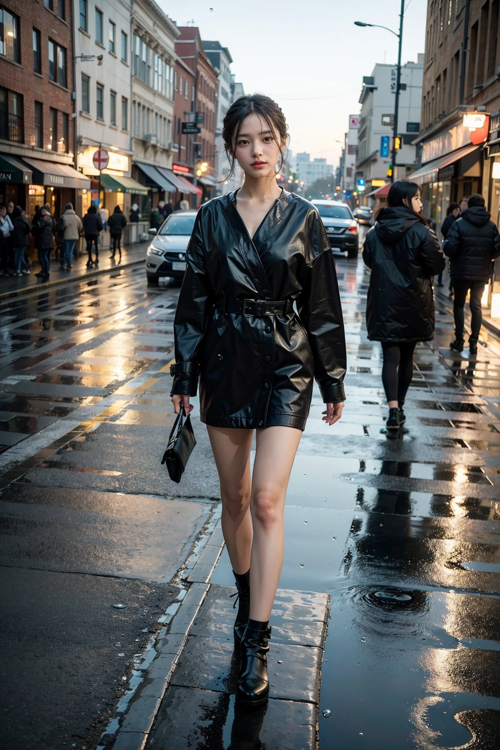(8k, RAW photo, best quality, masterpiece:1.2), (realistic, photo realistic:1.3), UHD, high detail color photo, extremely detailed CG unity 8k wallpaper,  sharp focus, (realistic skin), perfect anatomy, (cinematic lighting), glossy lips,
BREAK
(((1girl))), (full body:1.3), ((looking at viewer)),((Raindrops, street))