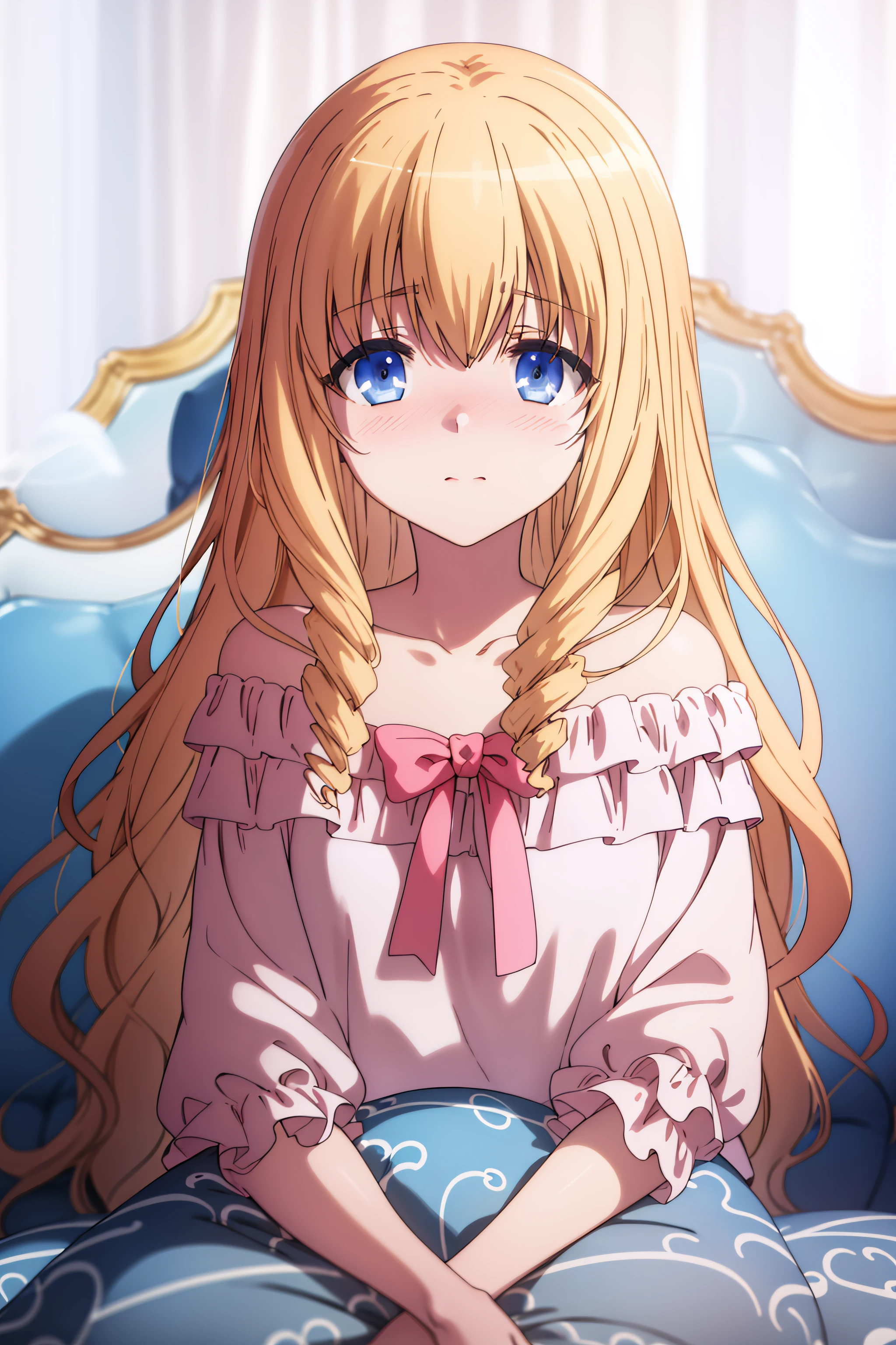 best quality, masterpiece, detailed,
<lora:AmagiBrilliantPark_LatifaFleuranza:0.8>, LatifaFleuranza,
solo, blush,
blonde hair, blue eyes, very long hair,
LatifaPajama, pajamas,
sitting, looking at the viewer,
indoors, bed, pillow