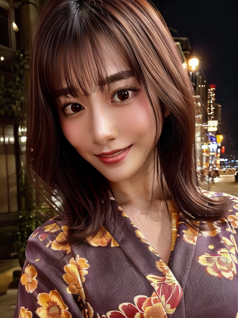 1girl, upper body, (yellow kimono, floral print),(RAW photo, best quality), (realistic, photo-realistic:1), masterpiece, an extremely delicate and beautiful, extremely detailed, 2k wallpaper, Amazing, finely detail, extremely detailed CG unity 8k wallpaper, ultra-detailed, highres, soft light, beautiful detailed girl, extremely detailed eyes and face, beautiful detailed nose, beautiful detailed eyes,cinematic lighting,(in the city at night),(night city view),perfect anatomy,(slender body),(smiling:),(upper body:1),(eyes wide:1),(looking at viewer:1),(front view:1.0),cinematic angle,(smooth long hair), (brown eyes:1),(standing:), (cleavage:1), <lora:add_detail:0.5> <lora:SaikaNew:0.8>