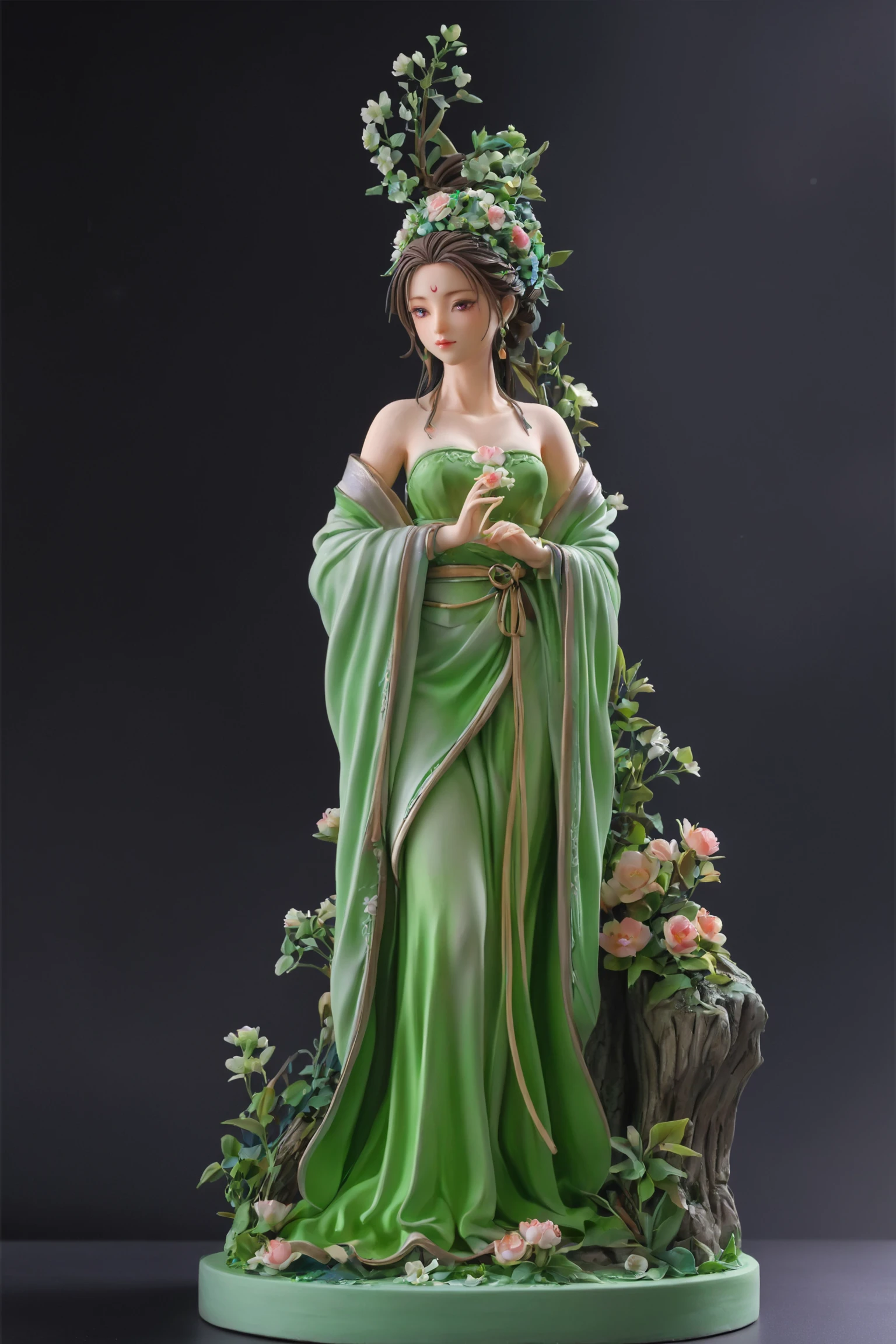 Architectural style masterpiece, intricate detail, highly detailed, great textures, 8k, high detail, masterpiece, photorealistic, <lora:fantang_SDXL_v1_loha-000020:0.75>, Fondant ,fantang\(ttp\), a statue of a woman in green, 1girl, solo, fondant,