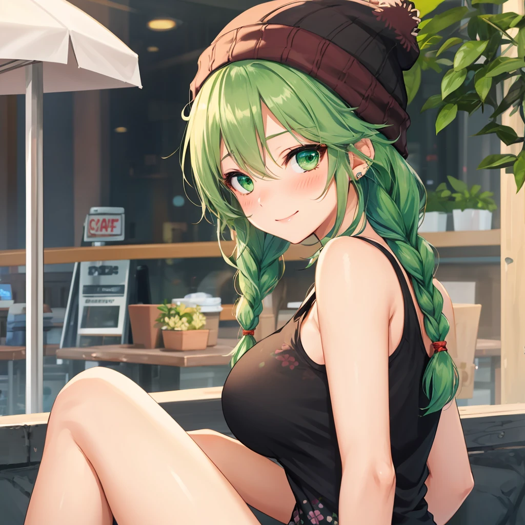 1girl, detailed face, detailed eyes, opal green eyes, beanie, large firm breasts, long hair, (green hair), braid, twin braids, wild and messy hair, sidelocks, blush, subtle shy smile, hair between eye, (from behind:1.2), sitting, looking back, black tank top, floral print, cafe background, outdoors
