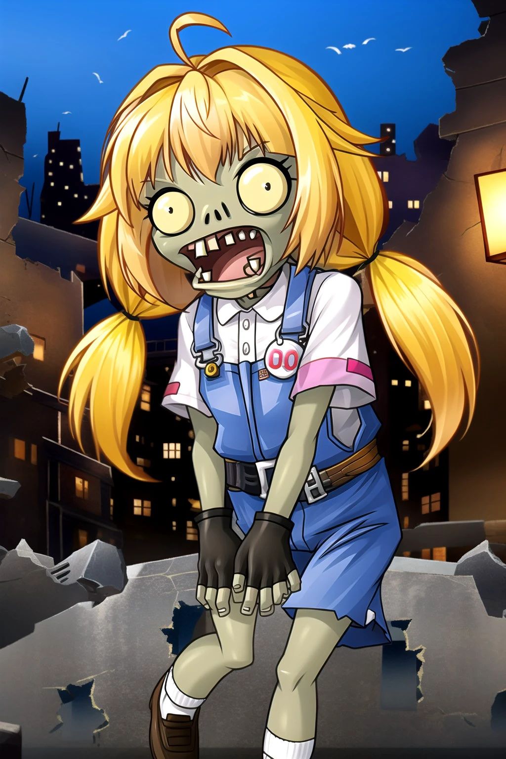 <lora:zobv0.5-000004:0.75> <lora:shirli_x_nemesis_lora:0.85> masterpiece, best quality, absurdres, high quality, best quality, ultra high res, 1girl, solo, shirli, ahoge, blonde hair, long hair, twintails, low twintails, overalls, overall skirt, belt, shirt, collared shirt, white shirt, short sleeves, choker, black choker, cat choker, fingerless gloves, black gloves, ribbed legwear, socks, white socks, bandaid on leg, bandaid, standing, full body, looking at viewer, depth of field, outdoors, night, street, buildings, (ruins:1.2), p vs.z\(Zob\), open mouth, fangs, sharp focus, green skin, colored skin, dynamic pose, walking, zombie pose, arms extended forward,
