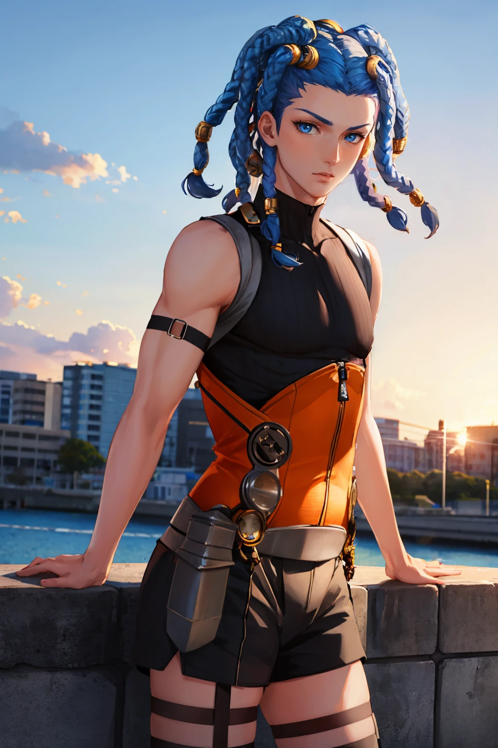 masterpiece, best quality, cowboy shot
<lora:zs_Cielo:1> cielodds, bodysuit, armor, overalls, black shorts, dreadlocks, blue hair, 1boy, androgynous