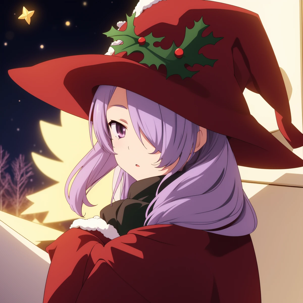 <lora:Nanako_Pleiades:0.8>Nanako, purple_hair,  witch_hat, hair_over_one_eye,  purple_eyes, medium_hair, long_hair,
Christmas, SantaClaus, hat, night, starry sky, sitting,
masterpiece, high quality, very_high_resolution, large_filesize, full color,