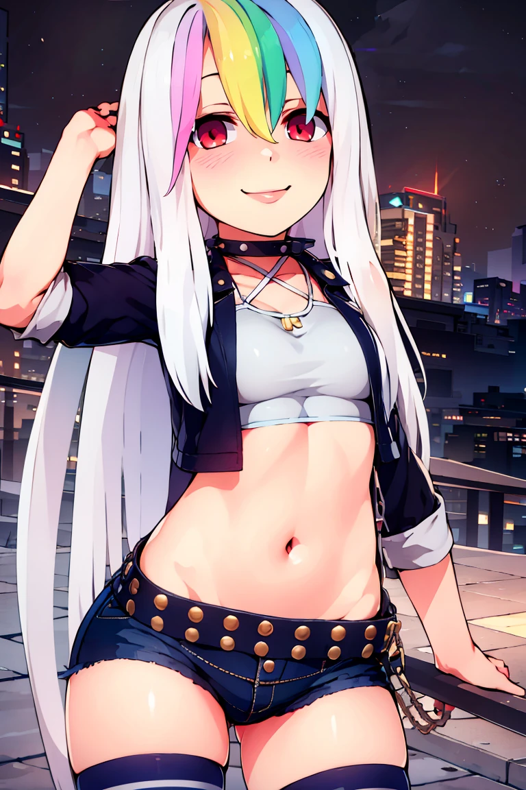 <lora:ricegnat_style:0.8>,((masterpiece,best quality)), absurdres, <lora:Roxy_Citron_OC_AnyLora:0.8>, Roxy_Citron_OC, 1girl, solo, red eyes, white hair, rainbow hair, long hair, streaked hair, hair between eyes, open jacket, black jacket, midriff, crop top, cropped jacket, belt, criss-cross halter, shorts, shirt, choker, black thighhighs, jewelry, solo, smiling, looking at viewer, cowboy shot,