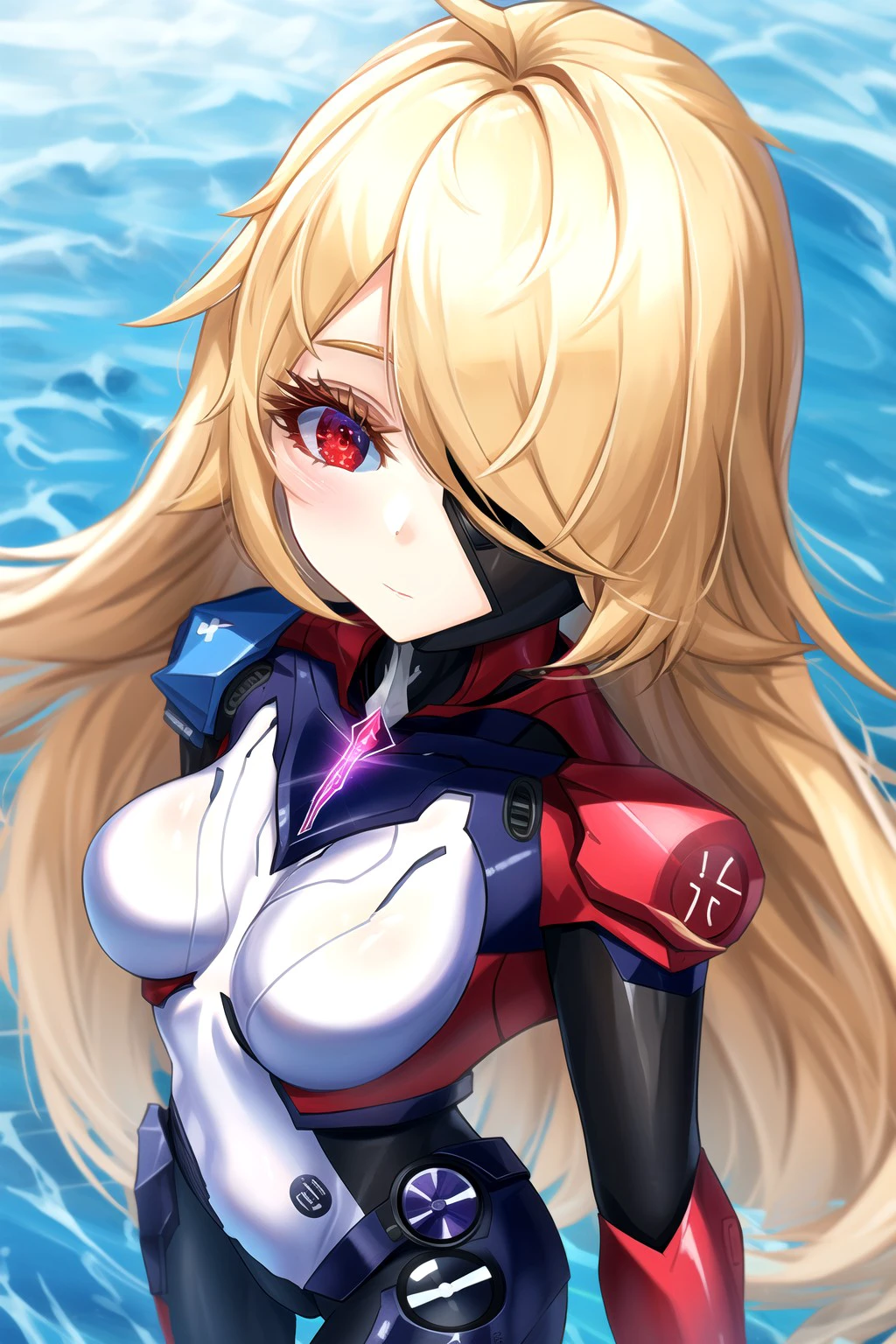 <lora:shirli_x_nemesis_lora:1.0> masterpiece, best quality, absurdres, high quality, best quality, ultra high res, 1girl, solo, nemesis, red eyes, blonde hair, eyepatch, hair over one eye, one eye covered, long hair, cyborg, mechanical arms, mechanical legs, bodysuit, red bodysuit, multicolored bodysuit, eyelashes, standing, full body, from above, selfie, looking at viewer, depth of field, nature,