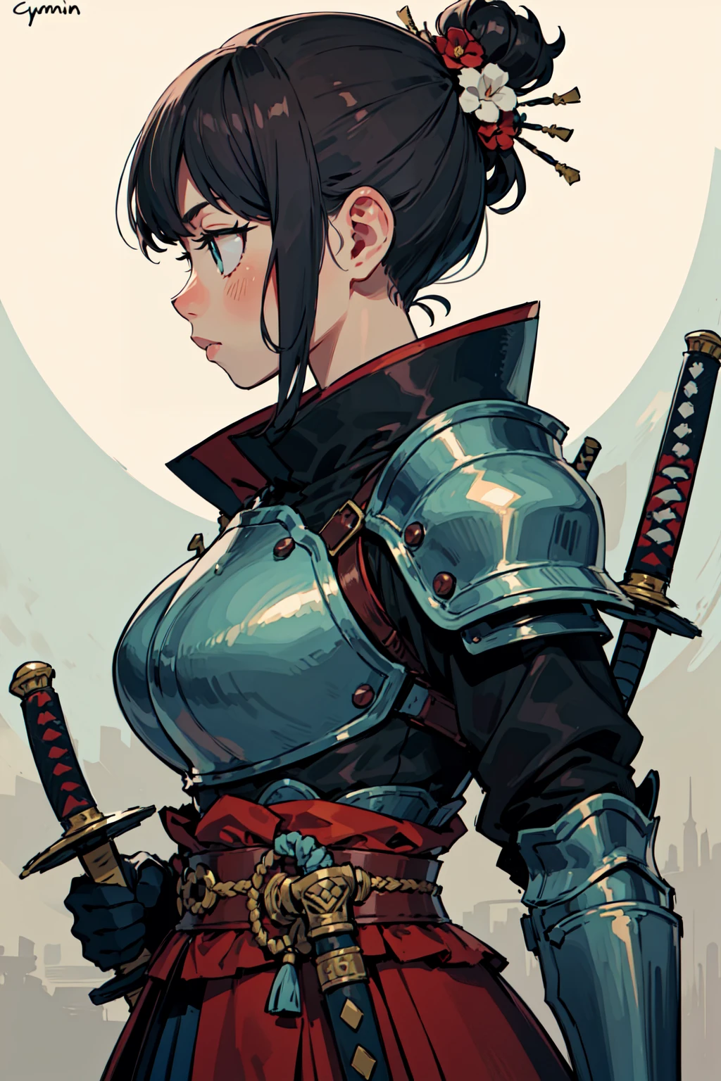(huge sword, hilt, (holding sword hilt), battling position, dynamic pose), warrior, BREAK upper body shot from sideview, young female, hair, intricate hair ornaments, cyan eye, lovely giant breasts, (samurai armor:1.3), (samurai, armor, worrior), BREAK hot spring bath, (japan, japanese culture), (best quality:1.1),