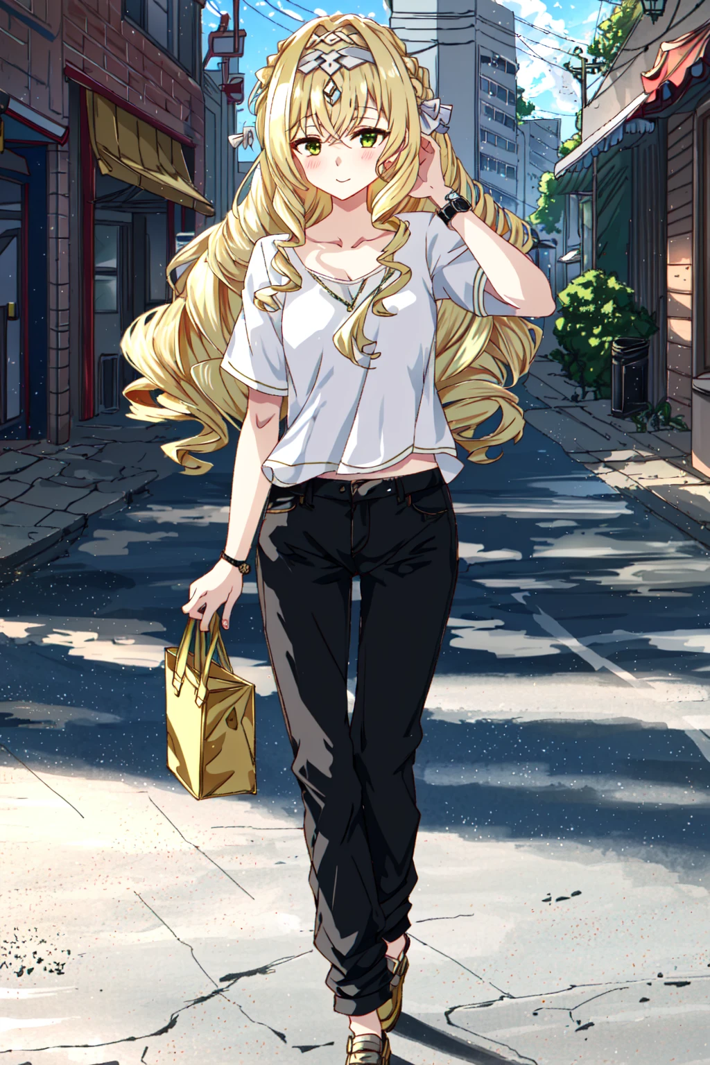 lidica \(epic seven\), solo focus, looking at another, light smile,
casual, open clothes, white shirt, black pants, hand in own hair, wristwatch, alternate costume, v-neck, short sleeves,
outdoors, street,
masterpiece, best quality,
<lora:lidica_lora:1>