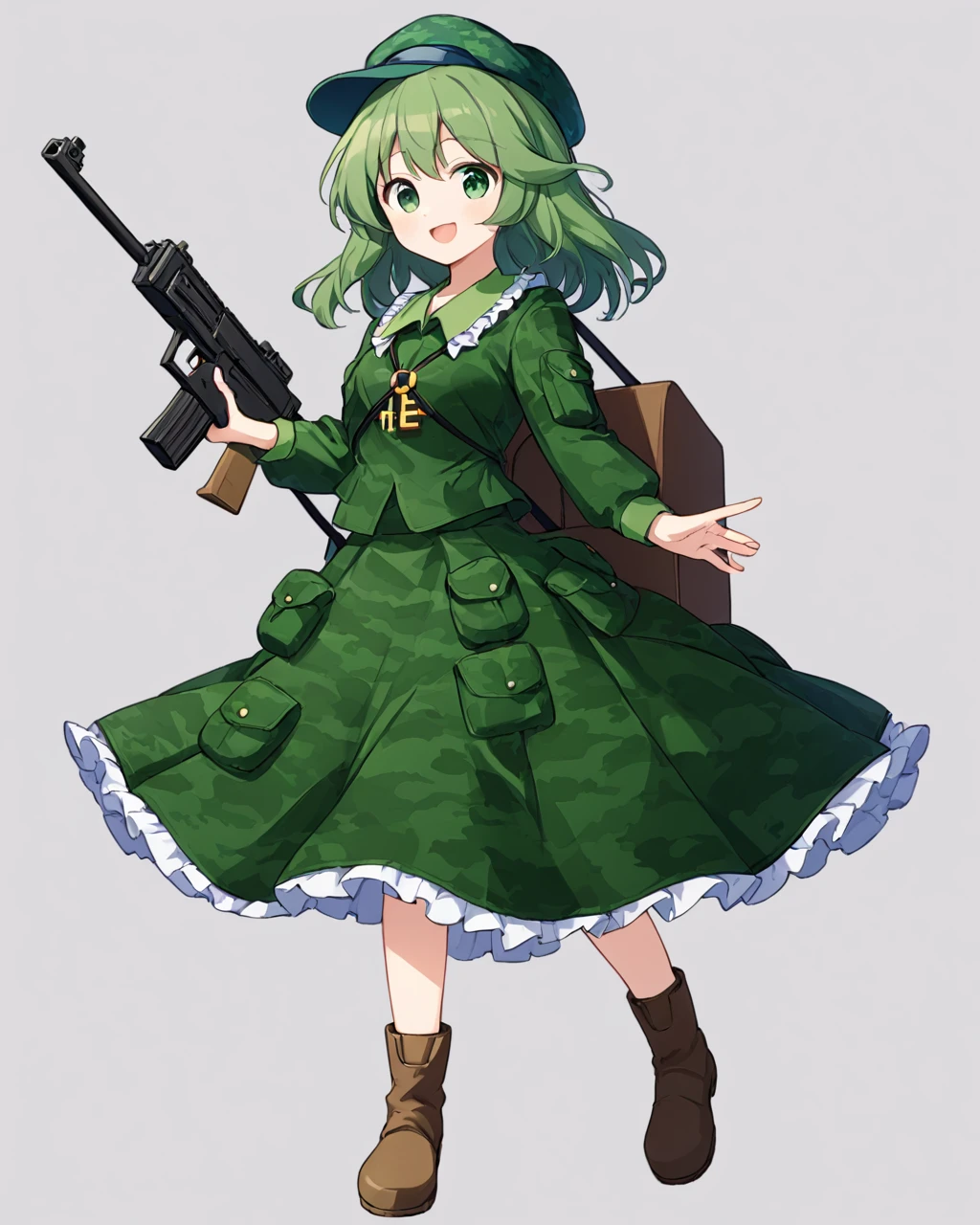 yamashiro takane,1girl, solo, boots, flat_cap, open_mouth, brown_footwear, backpack, green_headwear, key, green_dress, smile, camouflage_jacket, green_skirt, holding_gun, full_body, frills, camouflage_headwear, long_sleeves, grey_background, skirt_set, shirt
<lora:yamashiro_takane_image489_2023-12-20-000015:1>,star-shaped_pupils,symbol-shaped_pupils,. gorgeous,key visual, vibrant, studio anime,award-winning, professional, highly detailed,high budget, cinemascope