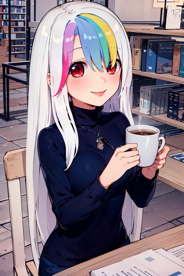 ((masterpiece,best quality)), absurdres, <lora:Roxy_Citron_OC_AnyLora:0.8>, Roxy_Citron_OC,  1girl, solo, red eyes, white hair, rainbow hair, long hair, streaked hair, hair between eyes, smile, turtleneck sweater, earrings, library, cup of steaming coffee, sitting at table